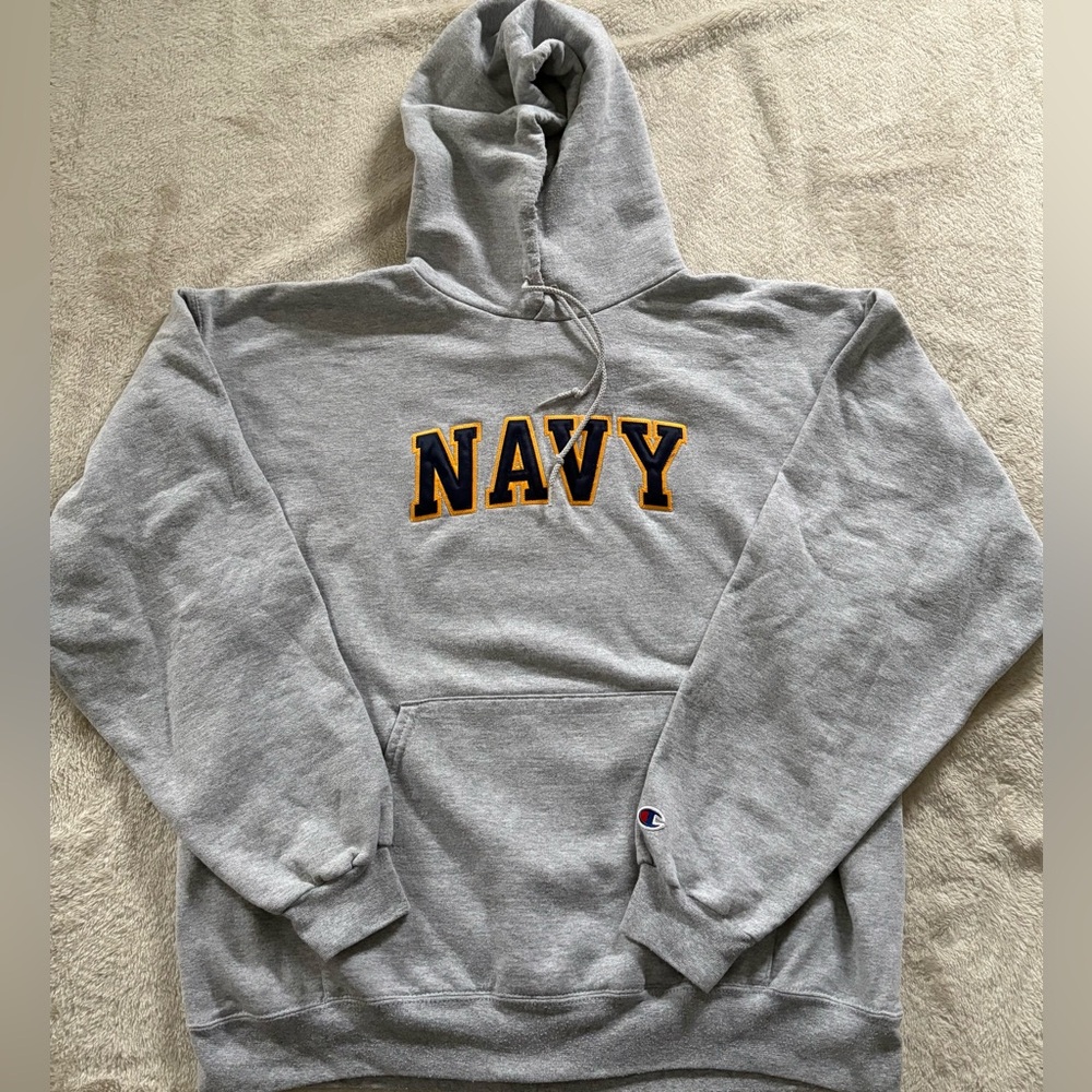 *Champion Gray Hoodie with Navy Print (XL)*